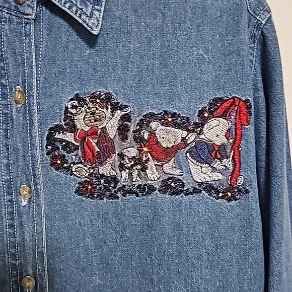 Bobbie Brooks Christmas Long Sleeve Denim Top Sz S Bears Holidays Estate Sale - Picture 3 of 6